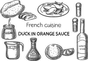 Duck In Orange Sauce. Creative conceptual vector. Sketch hand drawn french food recipe illustration, engraving, ink, line art, vector.