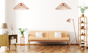 Modern interior design of living room with orange sofa, sideboard, lamp and shelf 3d rendering