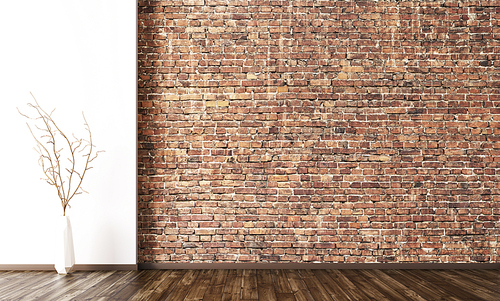 Empty interior background, room with brick wall and vase with branch on the wooden floor 3d rendering