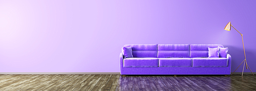 Modern interior of living room with ultraviolet sofa panorama 3d rendering