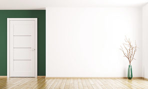 Interior background of empty room with white door and vase with branch 3d rendering
