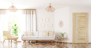 Modern interior design of living room with sofa,armchair, wooden door and window panorama 3d rendering
