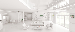 Interior design of white loft apartment, living room, hall, kitchen, staircase, panorama 3d rendering