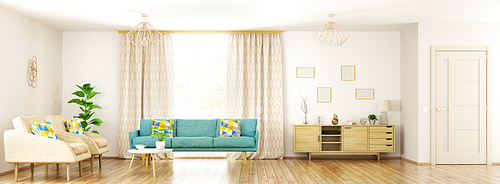 Modern interior of living room, scandinavian style,  panorama 3d rendering