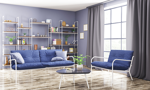 Home interior of modern living room with sofa and armchair 3d rendering