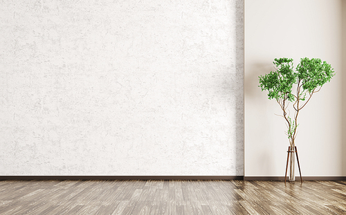 Interior background of room with concrete wall, wooden floor and plant 3d rendering