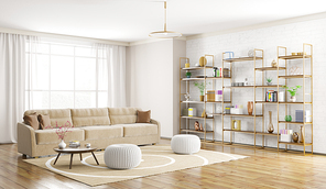 Home interior of modern living room with sofa and bookshelf 3d rendering