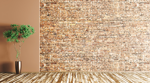 Empty interior background, room with brick wall and vase with plant on the wooden floor 3d rendering