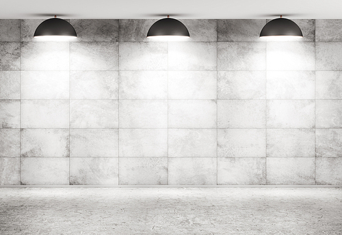 Interior background of a room with concrete tiled wall, beton floor and lamps 3d rendering