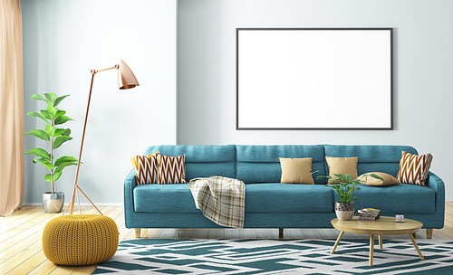 Modern interior of living room with turquoise sofa, yellow knitted pouf, wooden coffee table and mock up poster on the wall 3d rendering