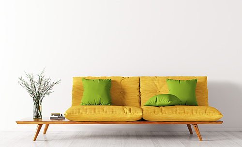 Modern interior of living room with yellow sofa and green cushions, vase with flower branch 3d rendering