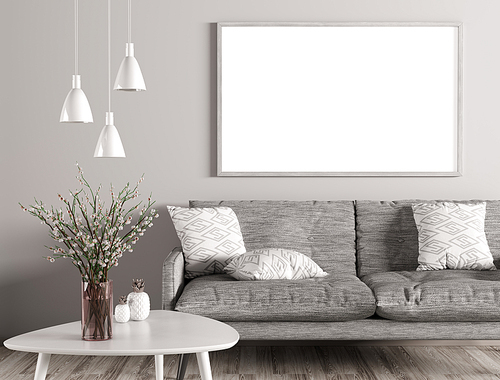 Modern interior of living room with grey sofa, white coffee table and mock up poster on the wall 3d rendering