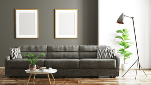 Modern interior design of living room with black sofa and mock up frames 3d rendering