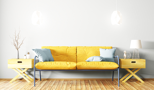 Interior of living room with yellow sofa, side tables, lamps 3d rendering