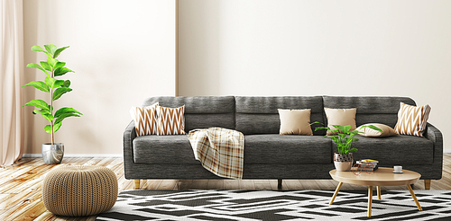 Modern interior of living room with black sofa, knitted pouf and coffee table 3d rendering