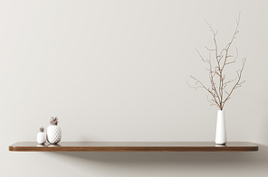 Wall decoration, wooden shelf with branch in vase, interior background 3d rendering