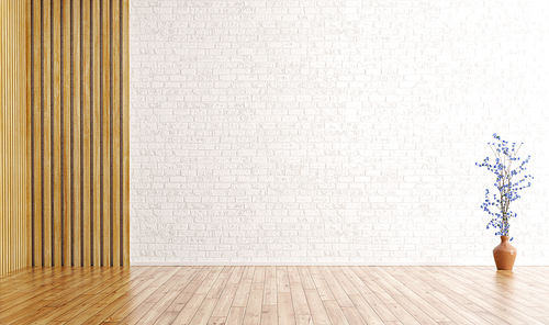 Empty interior background, room with brick wall, wood paneling and vase with flower branch 3d rendering