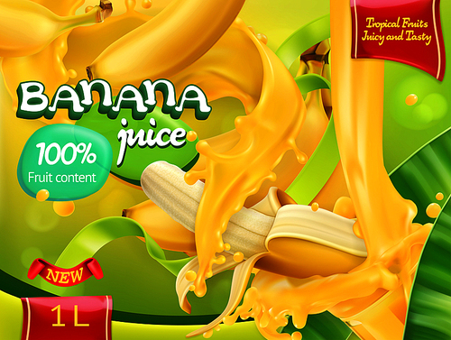 Banana juice. Sweet tropical fruits. 3d realistic vector, package design