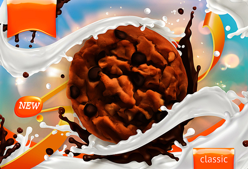 Chocolate cookies. White milk splash. 3d realistic vector, package design