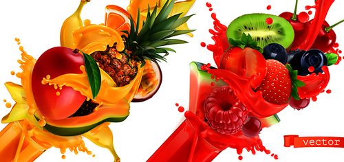 Fruit burst. Splash of juice. Sweet tropical fruits and mixed berries. Mango, banana, pineapple, papaya, strawberry, raspberry, blueberry, watermelon. 3d realistic vector icon set