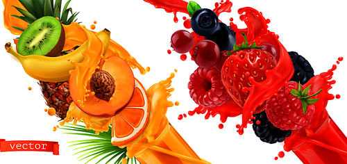 Fruit burst. Splash of juice. Sweet tropical fruits and mixed forest berries. 3d realistic vector icon set