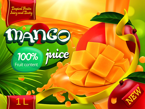 Mango juice. Sweet tropical fruits. 3d realistic vector, package design