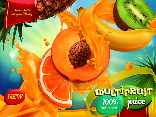 Multifruit juice. Sweet tropical fruits. 3d realistic vector, package design