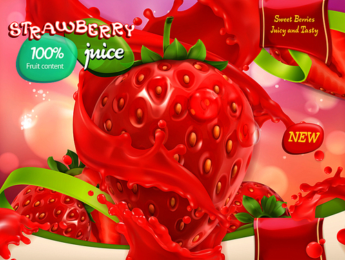 Strawberry juice. Sweet fruits and berries. 3d realistic vector, package design