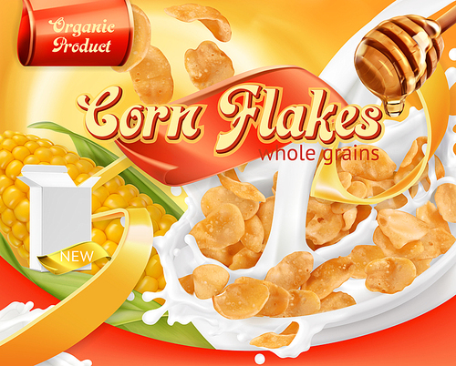 Corn flakes, honey and milk splashes. 3d realistic vector, package design