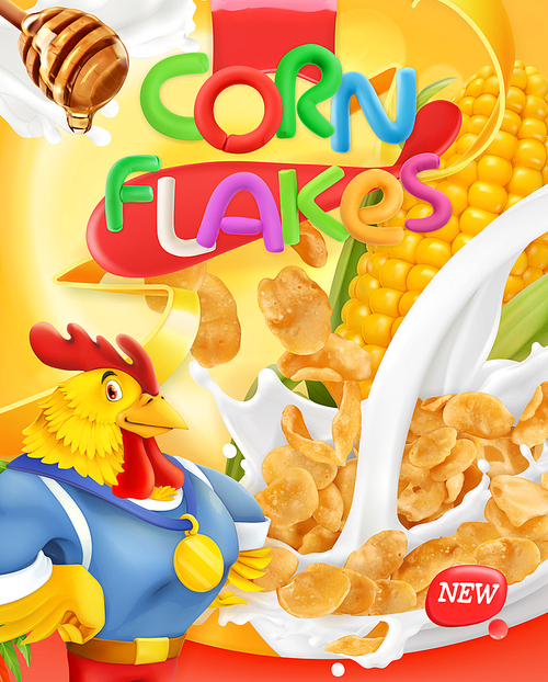 Corn flakes, rooster mascot. Honey and milk splashes. 3d realistic vector, package design