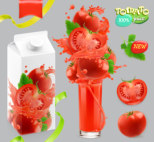 Tomato vegetables. Splash of juice. 3d realistic vector, package design set