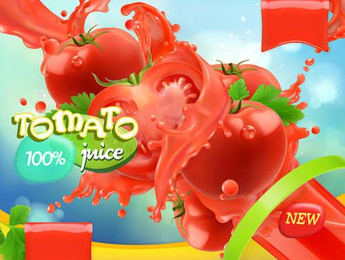 Tomato vegetables. Splash of juice. 3d realistic vector, package design