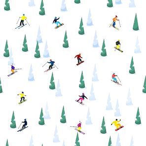 Ski seamless decorative pattern with small isolated figures of skiers ice and trees on blank background vector illustration