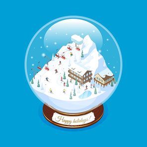 Ski resort snow globe souvenir with scaled down mountain village scenery with decorative piled houses ropeway vector illustration