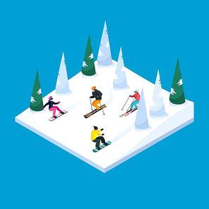 Skiing hill square isometric scenery element with colorful skiers and snowboarders figures snow terrain and trees vector illustration