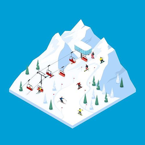 Ski lift isometric tiled landscape design with scaled down snowy mountain piste with pennants and skiers vector illustration