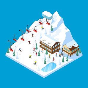 Ski resort tiled isometric landscape design with piste houses on piles rope way and skiers figures vector illustration