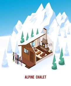 Alpine chalet with stand for skis classic fireplace and comfortable furniture in winter mountains isometric vector illustration