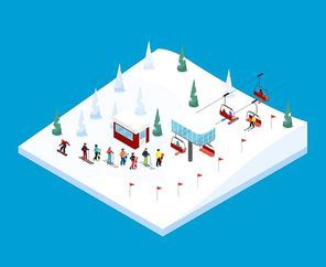 Ski resort tiled isometric landscape design with piste houses on piles rope way and skiers figures vector illustration