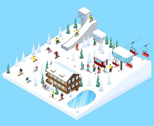 Mountain resort village isometric landscape constructor element with scaled down skiers trees houses ski jump ramps vector illustration