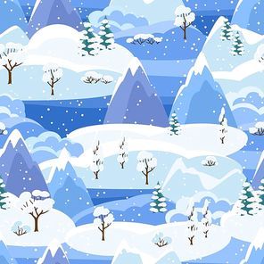 Winter seamless pattern with trees, mountains and hills. Seasonal landscape illustration.