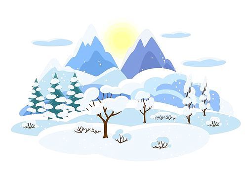Winter landscape with trees, mountains and hills. Seasonal illustration.