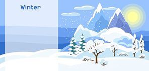 Winter banner with trees, mountains and hills. Seasonal illustration.