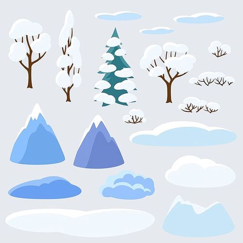 Winter set of trees, mountains and hills. Seasonal collection.