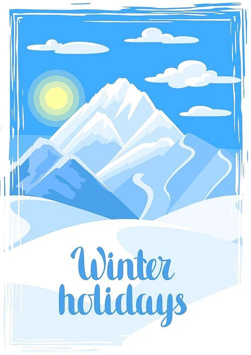 Winter holidays illustration. Beautiful landscape with snowy mountains and sun.