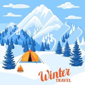 Winter trawel illustration. Beautiful landscape with camp, snowy mountains and fir forest.