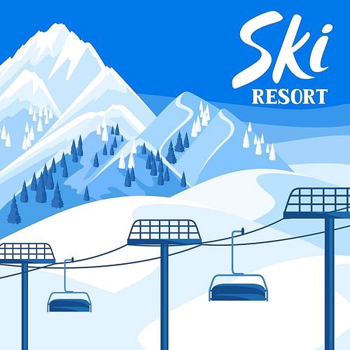 Winter ski resort illustration. Beautiful landscape with rope way, snowy mountains and fir forest.