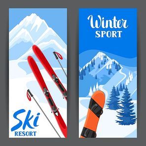 Winter ski resort banners. Beautiful landscape with alpine chalet houses, snowboard, snowy mountains and fir forest.