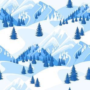 Winter seamless pattern. Beautiful landscape with snowy mountains and fir forest.