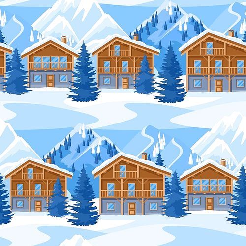 Alpine chalet houses seamless pattern. Winter resort landscape with snowy mountains and fir forest.